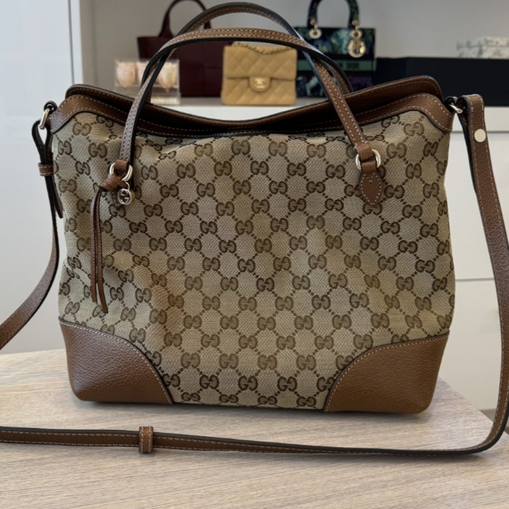 Gucci Brown GG Supreme Canvas Top-Handle Tote with Leather Trim